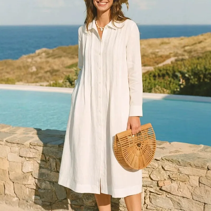 Casual Loose Linen Shirt Dress - Европейское однотонное длинное платье свободного кроя