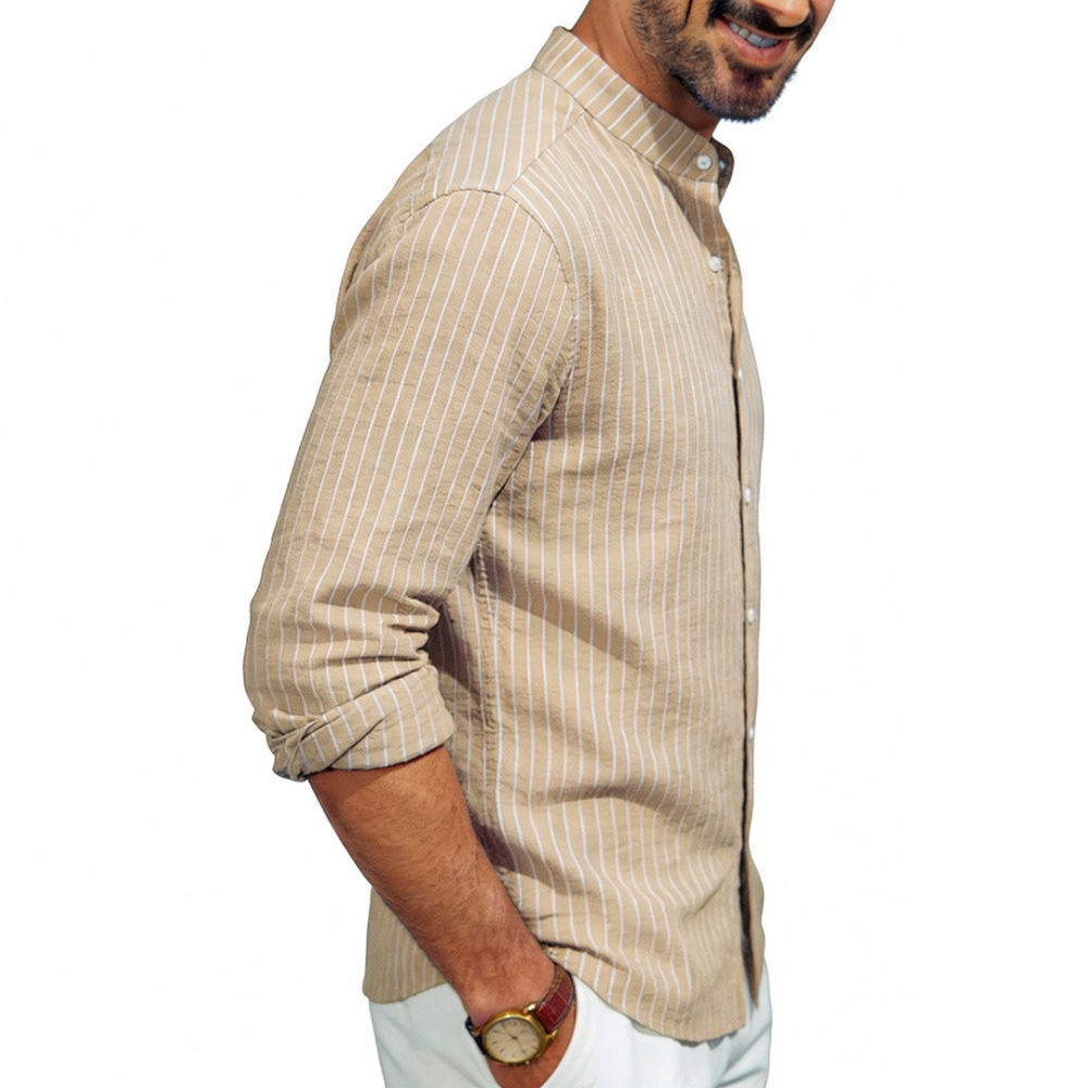 Casual Loose Linen Shirt Dress - Мужская льняная рубашка с воротником-стойкой, длинными