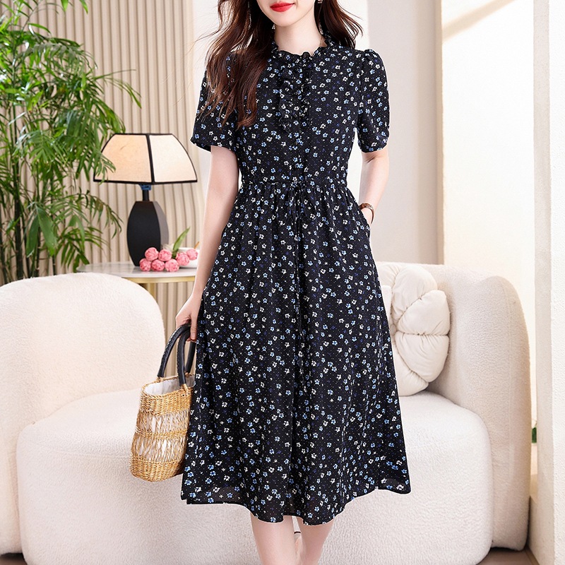 French Vintage Floral Midi Dress - Винтажное темно-синее платье миди с цветочным