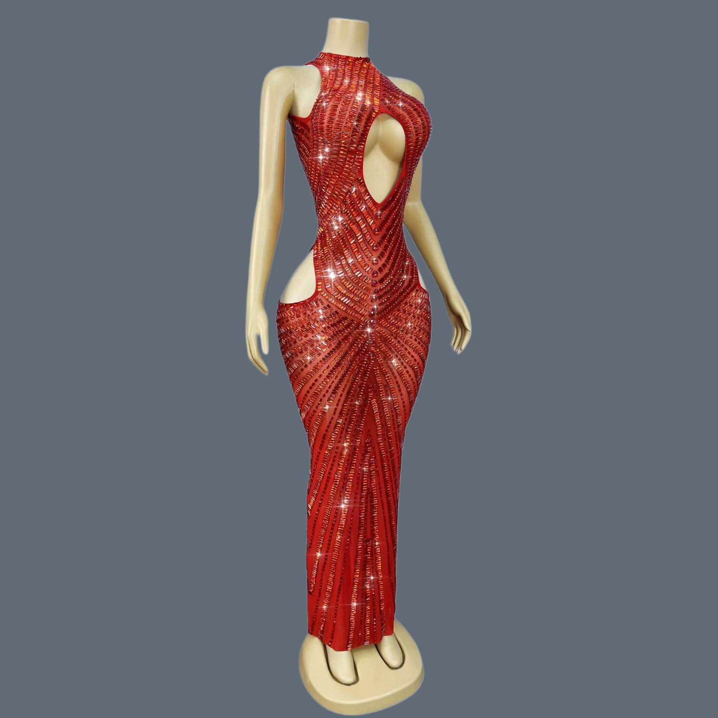 Sparkly Rhinestone Club Party Dress - Роскошное красное платье-русалка с вырезами и