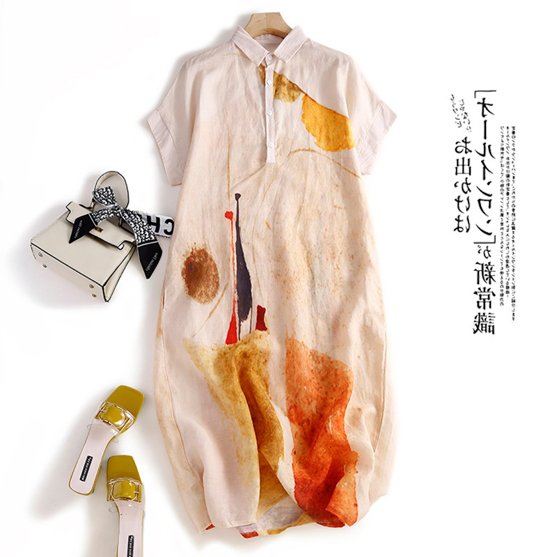 Casual Loose Linen Shirt Dress - Повседневное хлопково-льняное платье-рубашка для женщин с