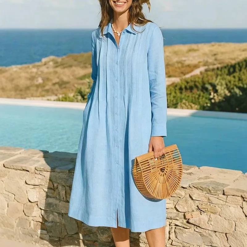 Европейское однотонное длинное – обзор и цена Casual Loose Linen Shirt Dress
