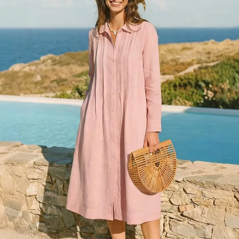 Европейское однотонное длинное – обзор и цена Casual Loose Linen Shirt Dress